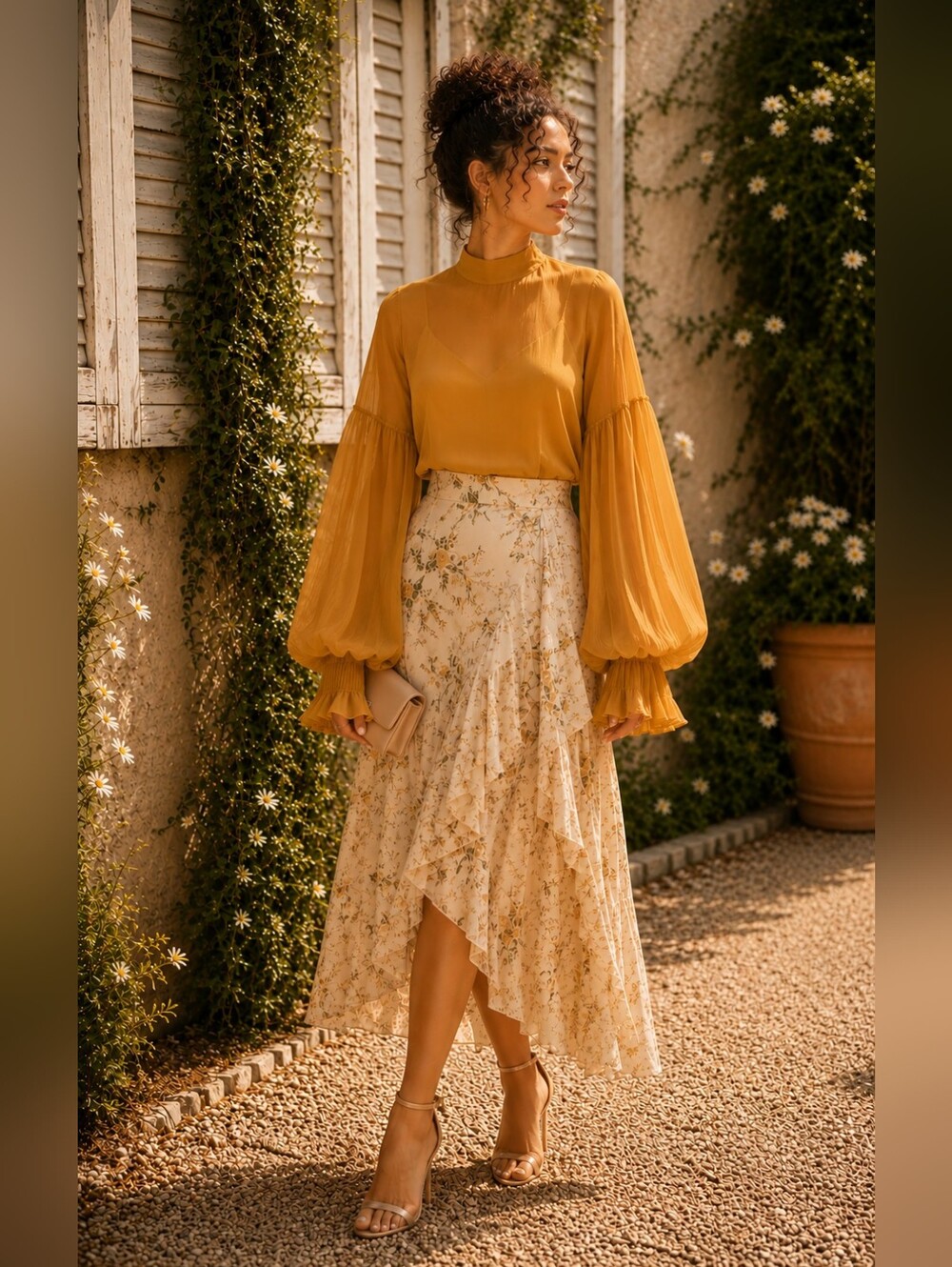 Tesoro Mustard Sheer Ruffle Blouse S Romantic Mesh Sleeve Boho Chic Evening Top